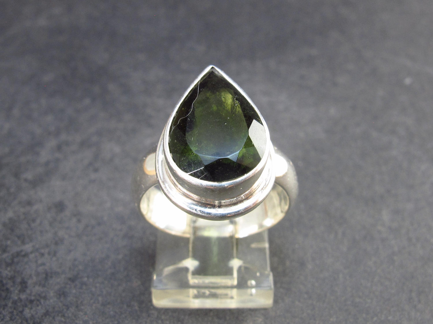Moldavite Tektite Facetted Silver Ring from Czech Republic - Size 8 - 8.19 Grams