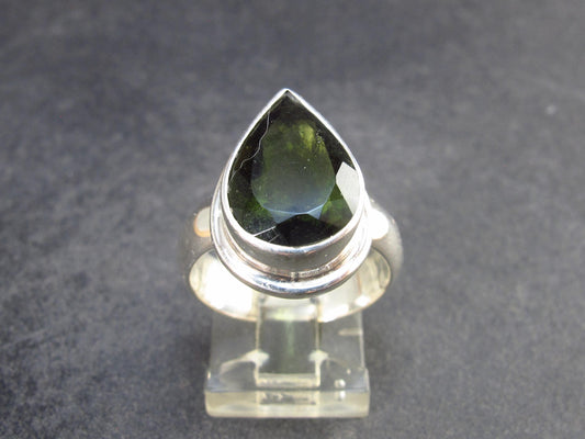 Moldavite Tektite Facetted Silver Ring from Czech Republic - Size 8 - 8.19 Grams