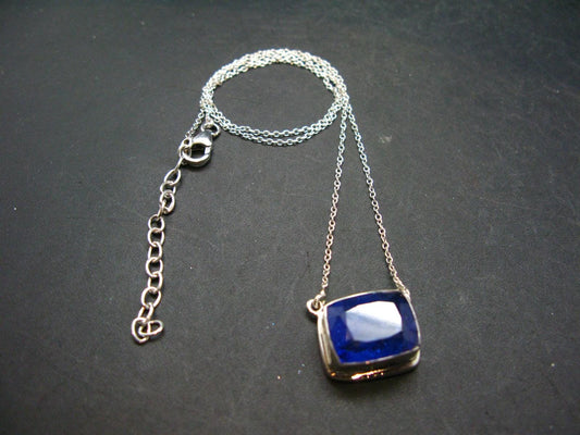 Large Natural Intense Color Faceted Tanzanite Zoisite Sterling Silver Pendant with Silver Chain from Tanzania - 0.4" - 8.16 Grams