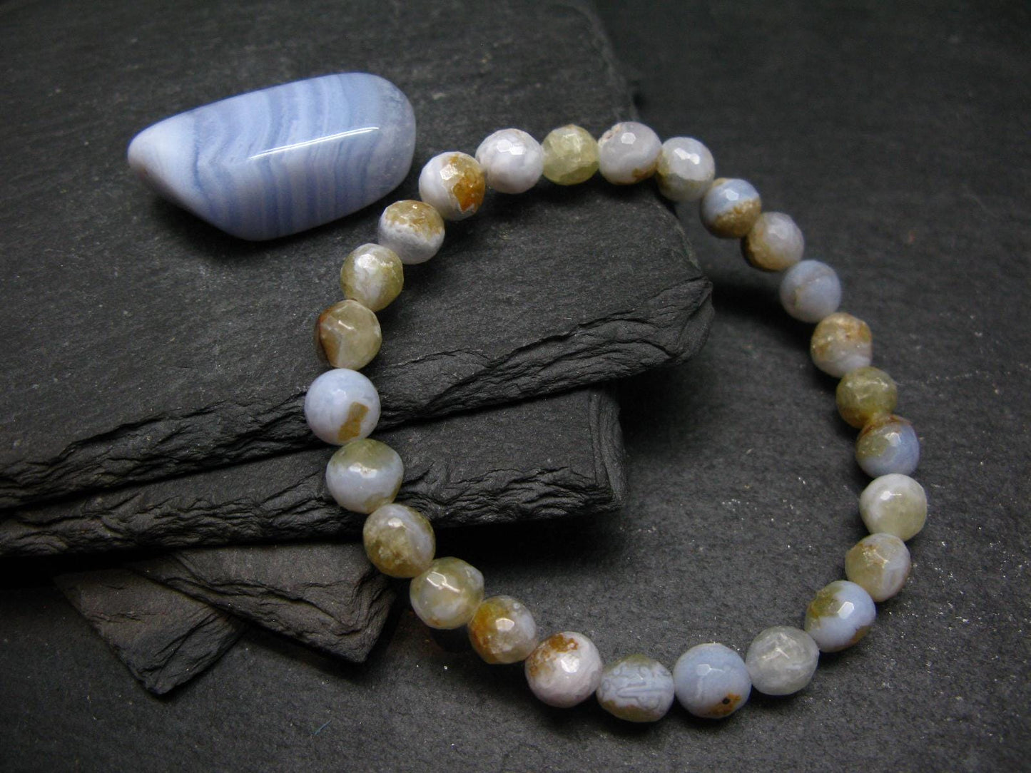 Blue Lace Agate Genuine Bracelet ~ 7 Inches ~ 8mm Round Facetted Beads