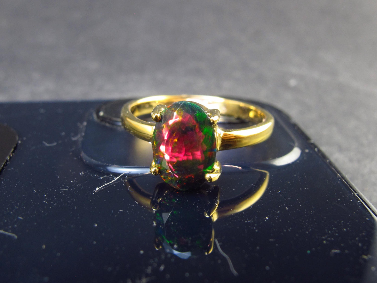 Rare Black Opal Gold Plated Silver Ring from Australia - Size 7 - 2.05 Grams