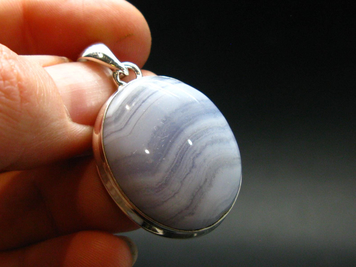 Rare Blue Lace Holly Chalcedony Agate Silver Plated Pendant From Malawi - 1.5" - 8.55 Grams