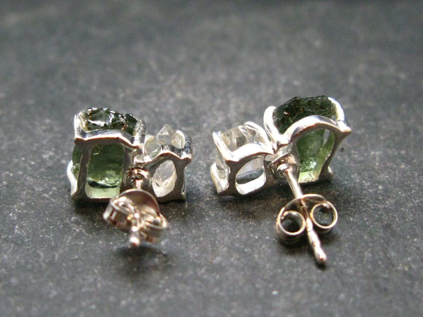 Moldavite & Herkimer Diamond Silver Stud Earrings - 0.7" - 2.55 Grams