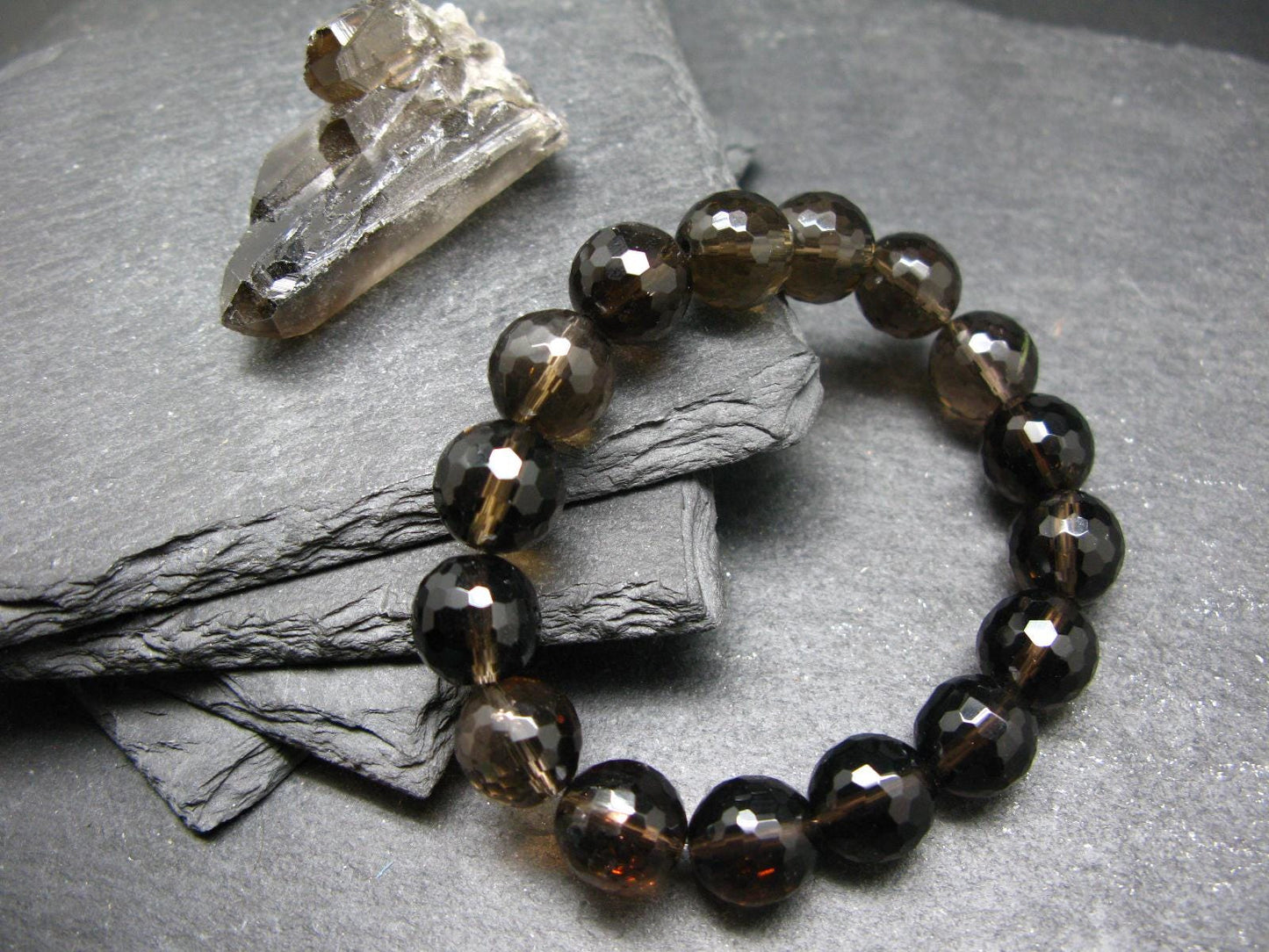 Smoky Quartz Genuine Bracelet ~ 7 Inches ~ 12mm Facetted Beads