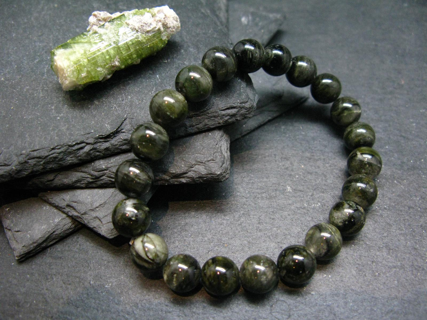 Green Gem Tourmaline Genuine Bracelet ~ 7 Inches ~ 9mm Round Beads