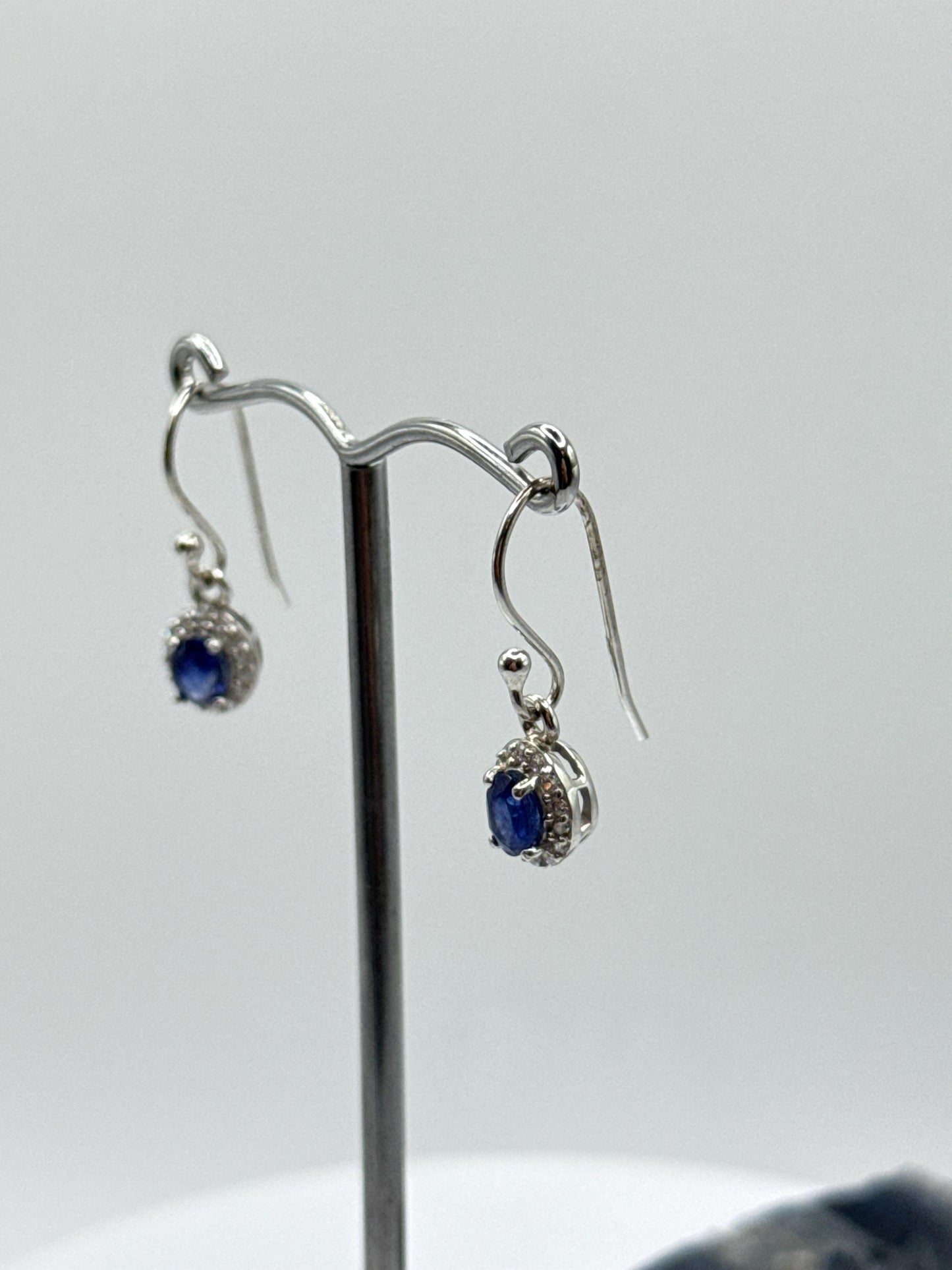 Sterling Silver Sapphire Halo Dangle Earrings | September Birthstone