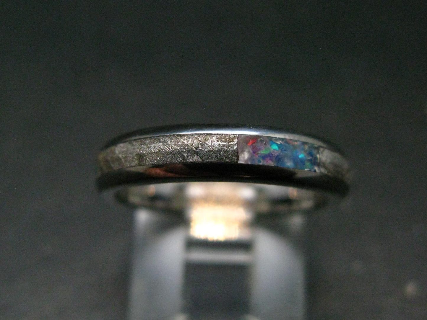 Muonionalusta Meteorite & Opal Steel Ring - 4.54 Grams - Size 6