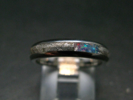 Muonionalusta Meteorite & Opal Steel Ring - 4.54 Grams - Size 6