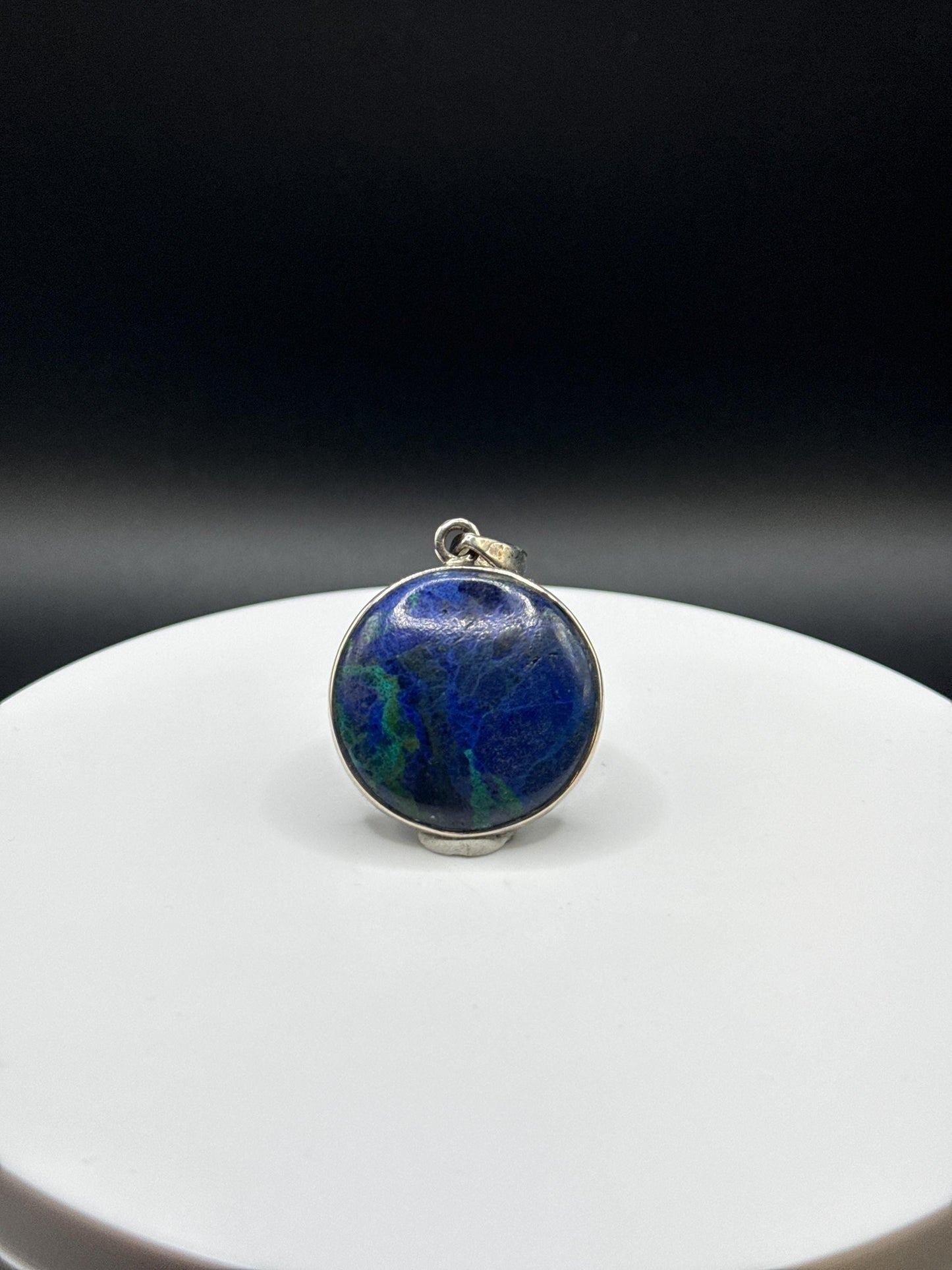 Azurite Silver Amulet | Round Natural Stone Charm