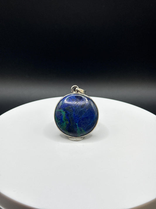 Azurite Silver Amulet | Round Natural Stone Charm