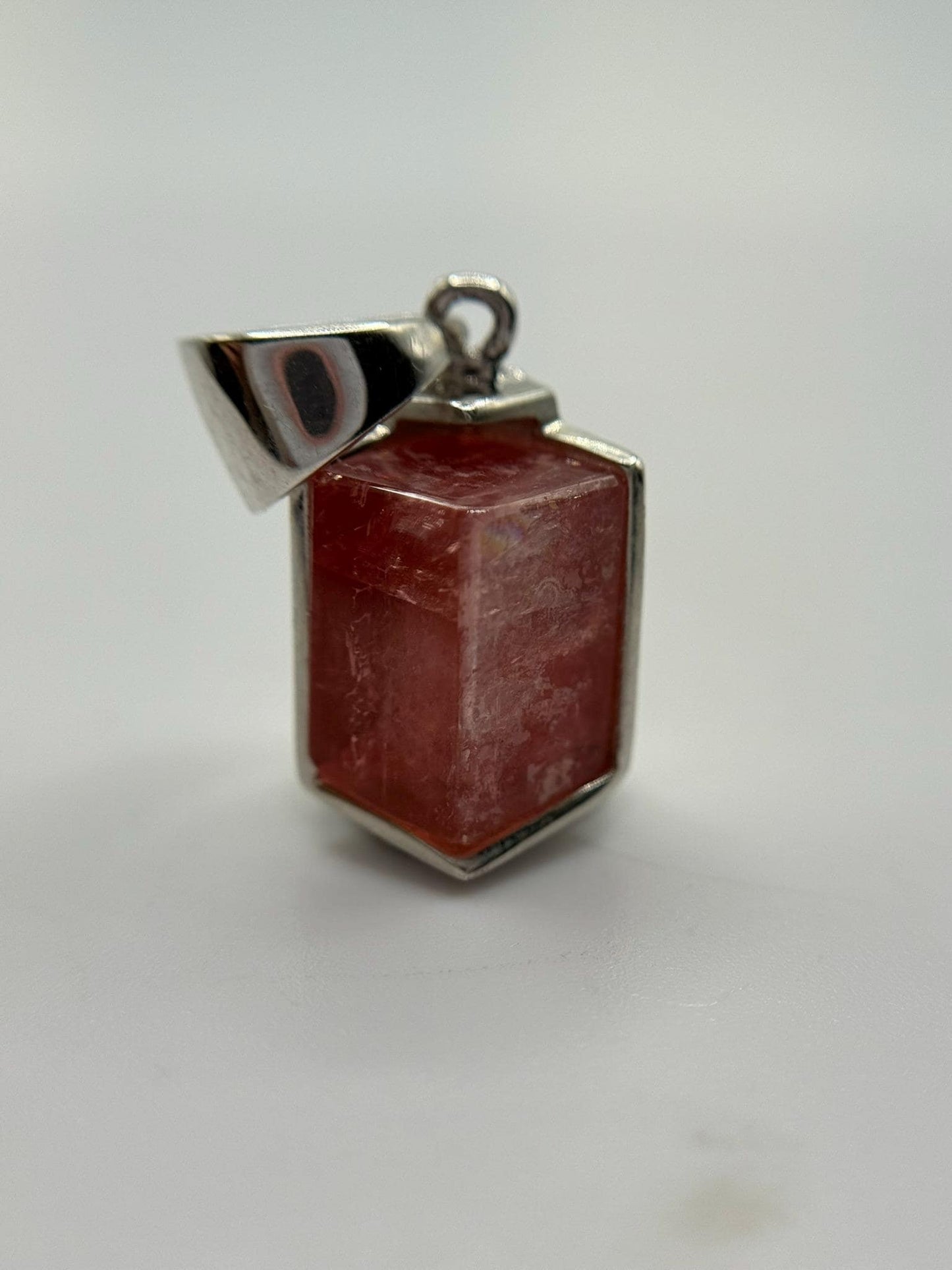 Natural Rhodochrosite Hexagon Pendant in Sterling Silver | Pink Crystal Necklace