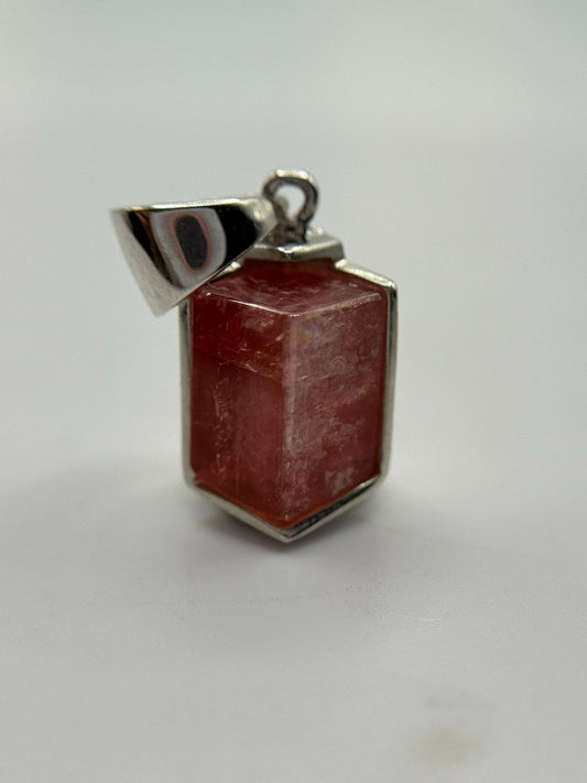 Natural Rhodochrosite Hexagon Pendant in Sterling Silver | Pink Crystal Necklace