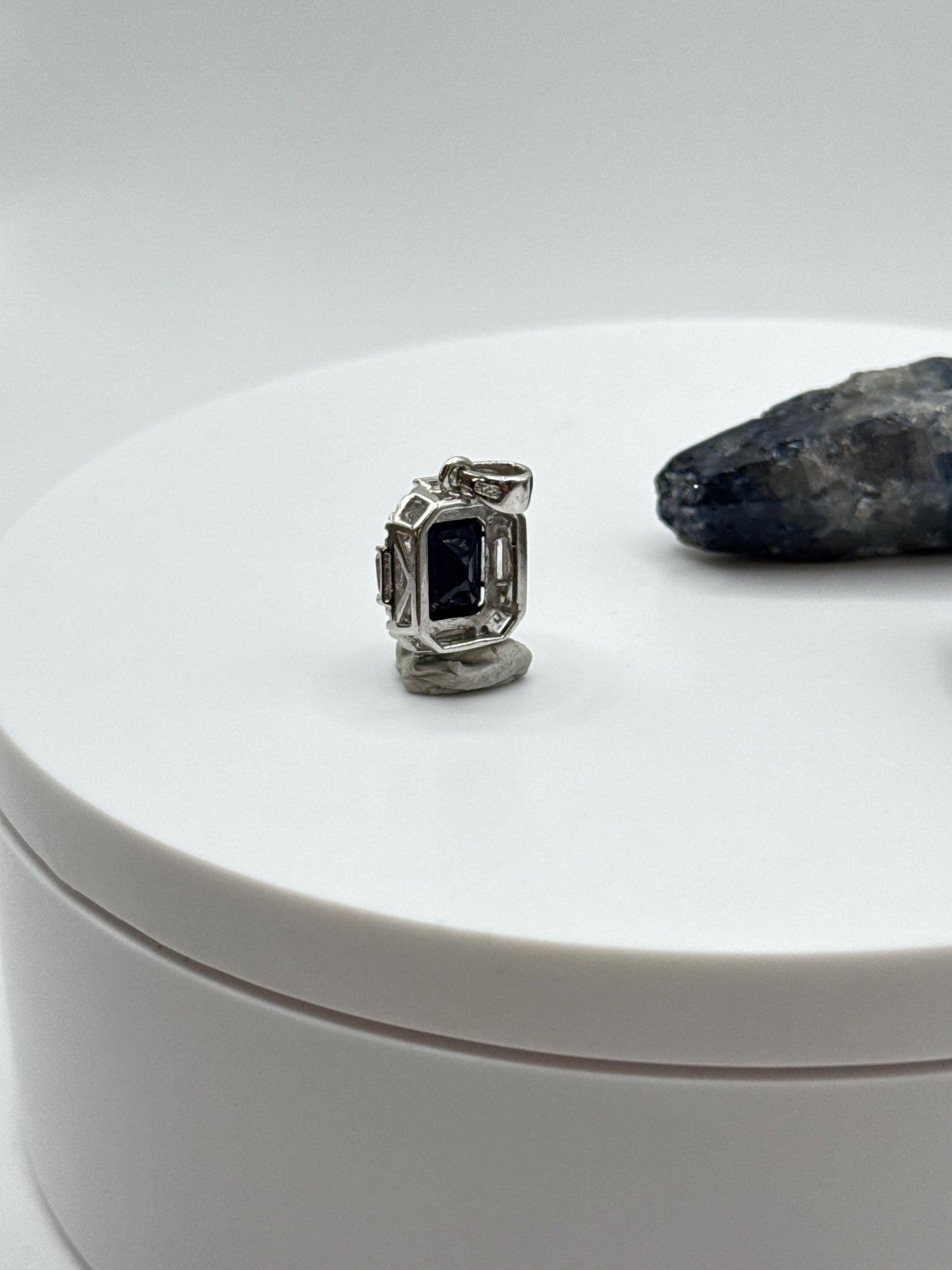Emerald Cut Sapphire Pendant | Sterling Silver Halo Necklace