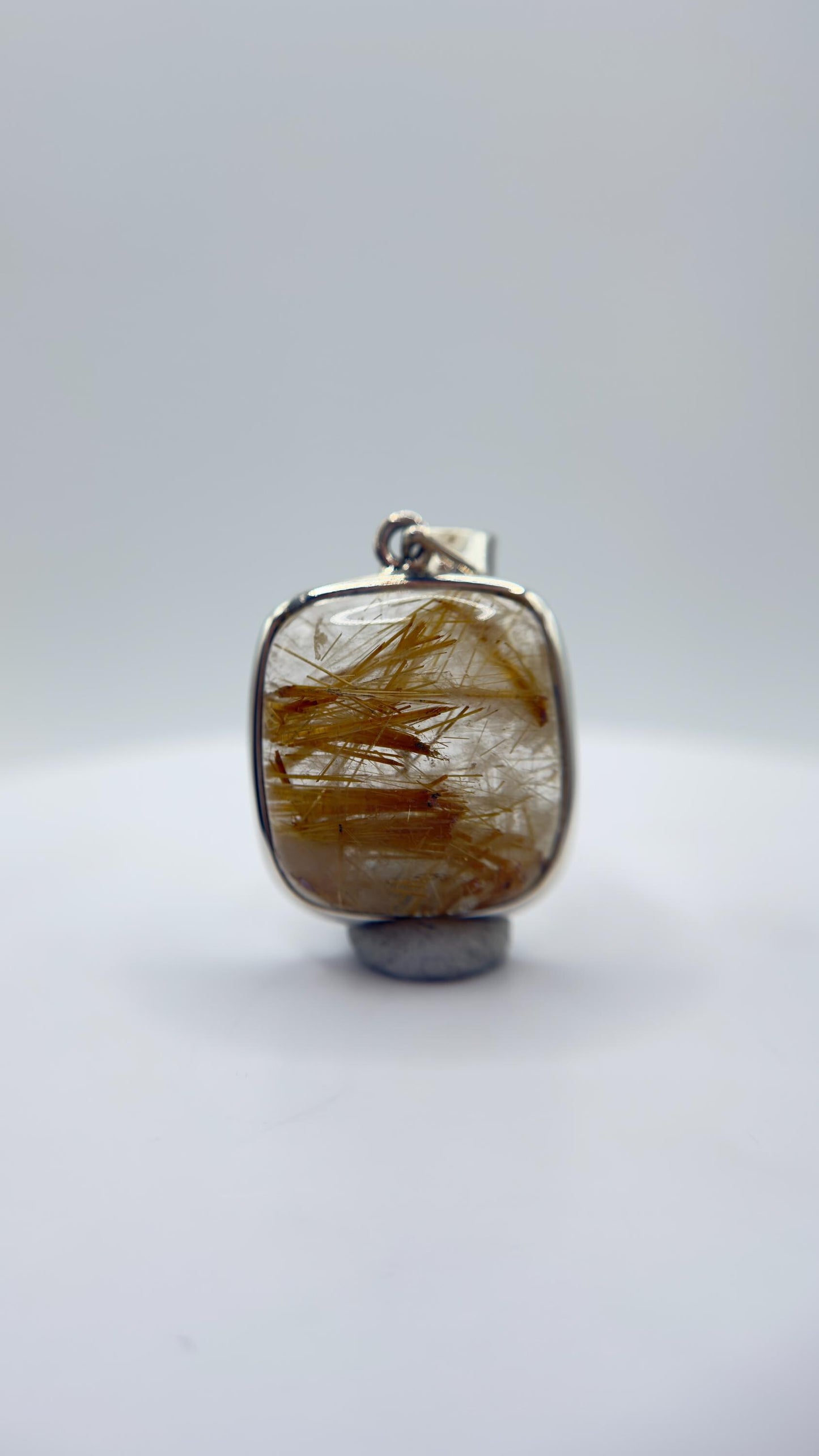 Golden Needle Inclusion Quartz Cushion Pendant – Natural Crystal in Sterling Silver