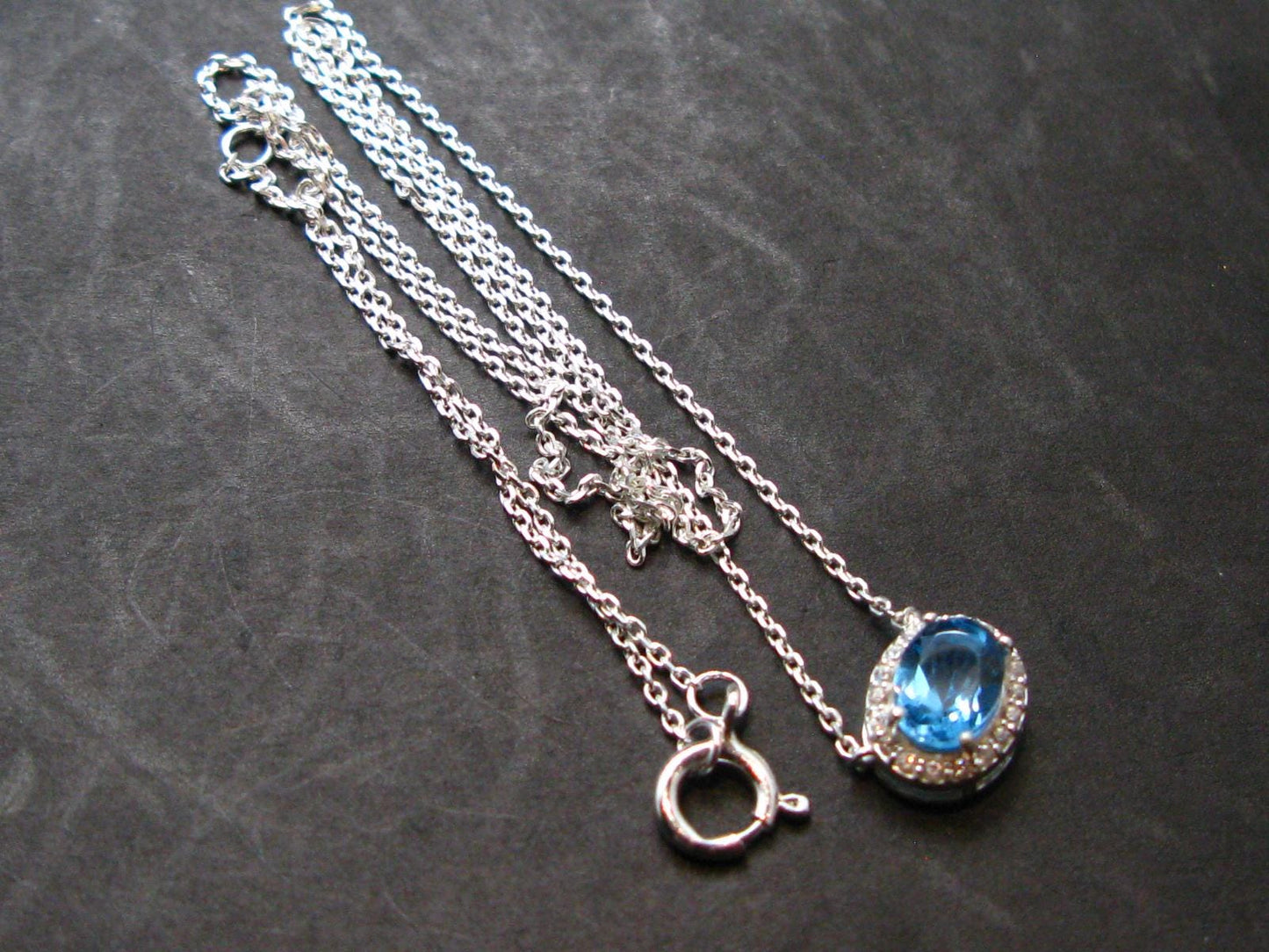Elegant Genuine Solitaire Sky Blue Topaz Sterling Silver Pendant with CZ From Brazil With Chain - 17" - 2.12 Grams