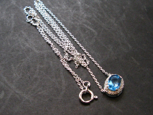 Elegant Genuine Solitaire Sky Blue Topaz Sterling Silver Pendant with CZ From Brazil With Chain - 17" - 2.12 Grams