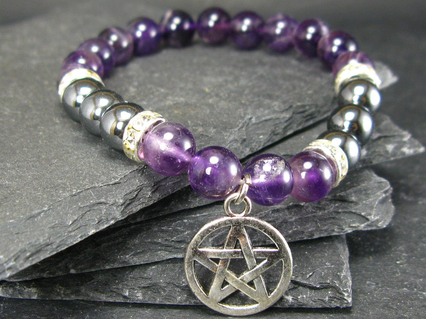 Hematite & Amethyst Genuine Bracelet ~ 7 Inches ~ 8mm Round Beads