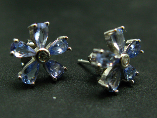 Natural Faceted Tanzanite Zoisite Flower 925 Sterling Silver Jewelry Set Stud Earrings Necklace
