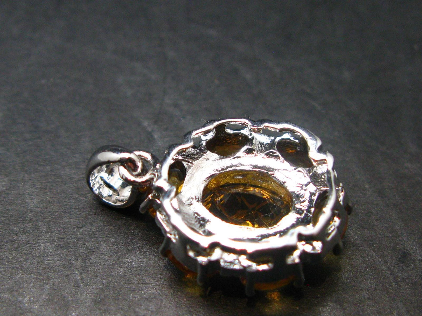 Yellow Citrine Gem Facetted Sterling Silver Pendant From Brazil With CZ - 0.9" - 3.16 Grams