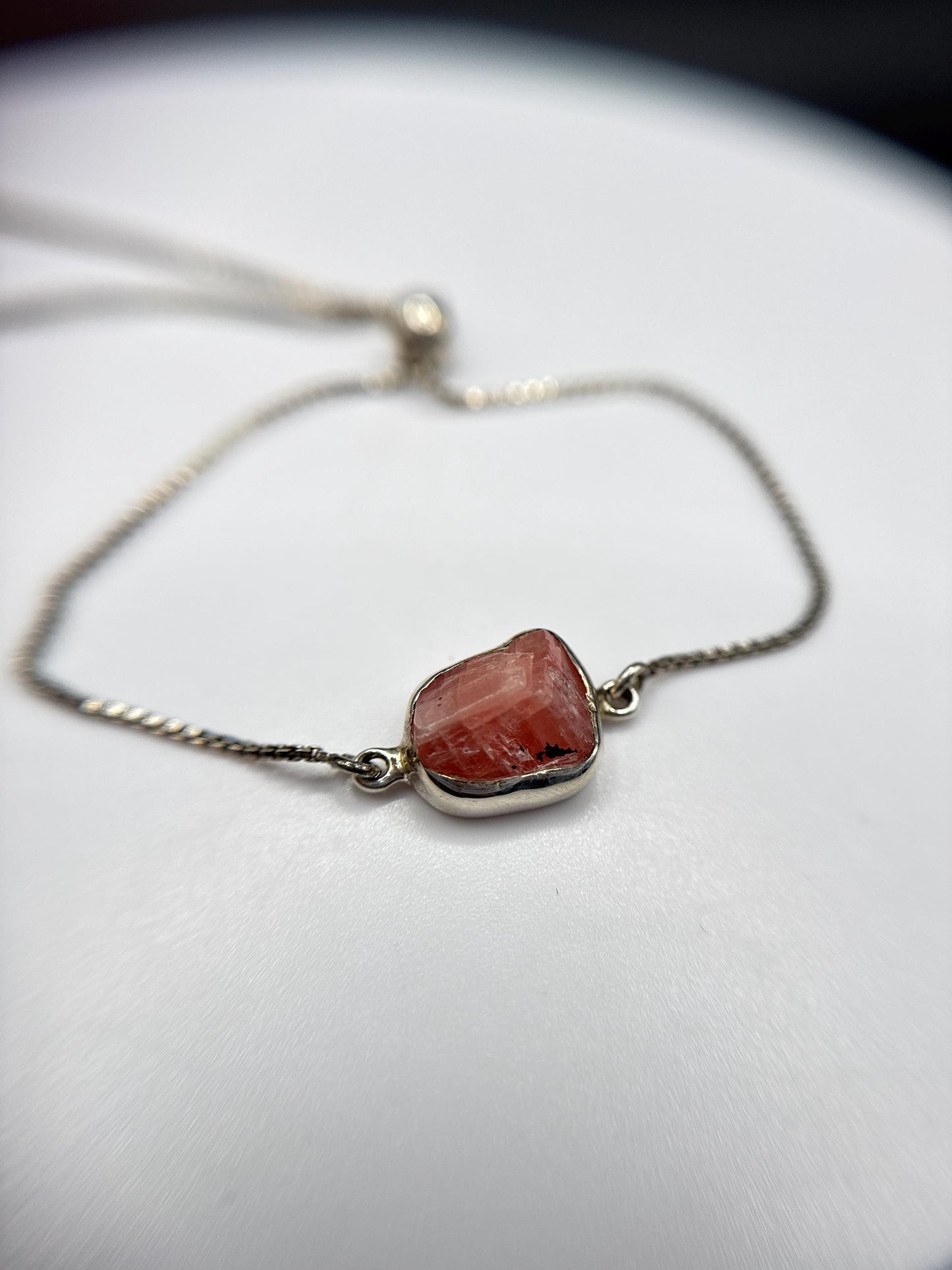 Natural Rhodochrosite Sterling Silver Chain Bracelet | Pink Crystal Adjustable Bracelet