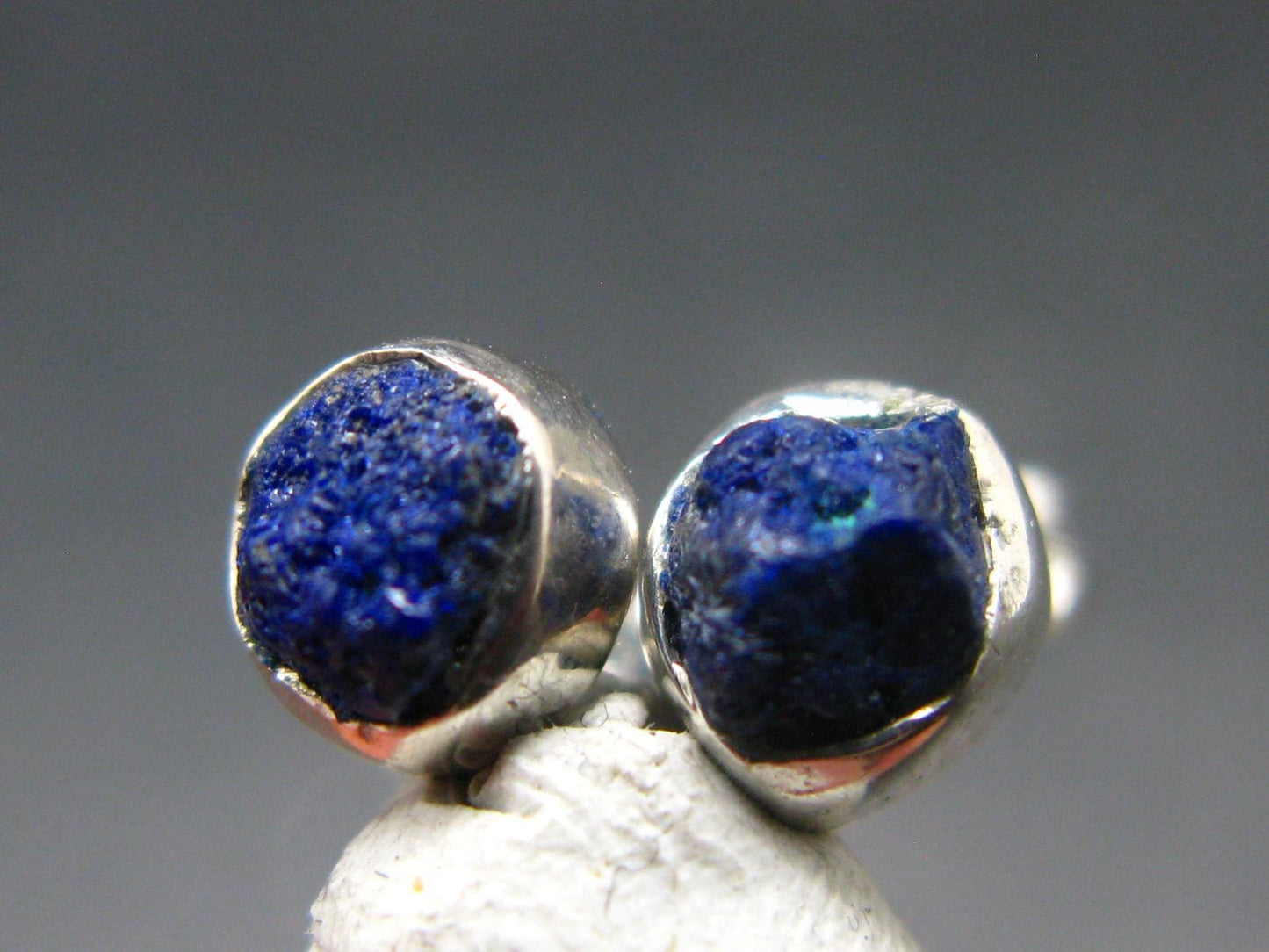 Deep Blue Azurite Crystal Stud Earrings In Sterling Silver From Mexico