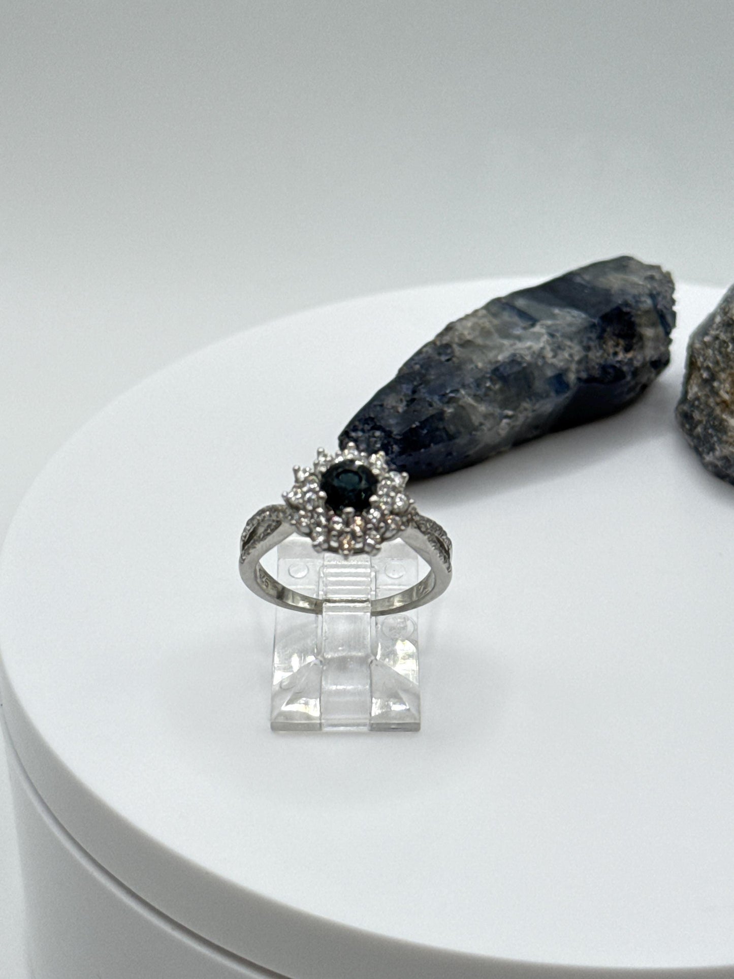 Blue Sapphire Halo Ring: Sterling Silver September Birthstone, Size 6