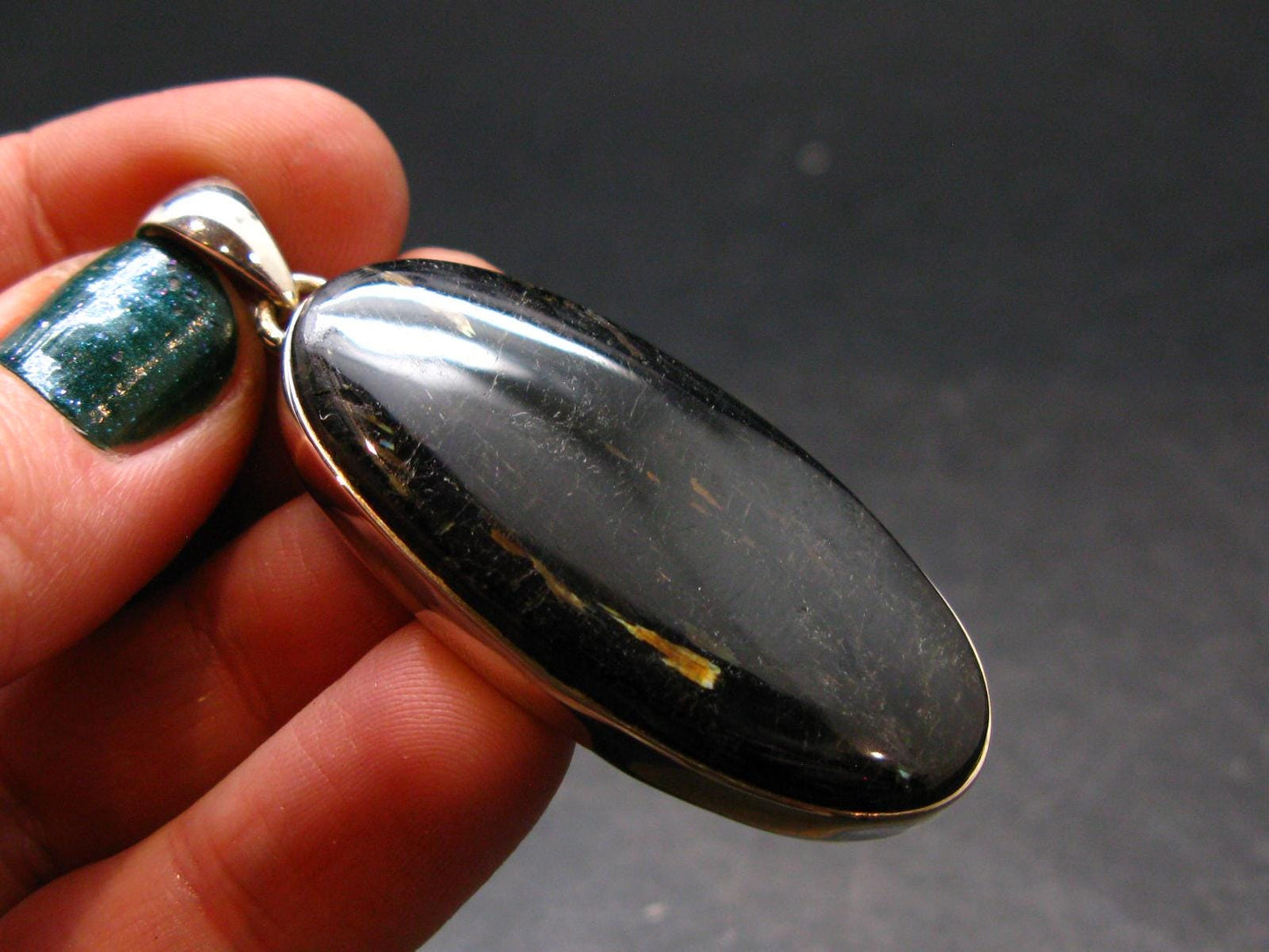 Very Rare Sterling Silver Nuumite Nuummite Pendant From Greenland - 2.1" - 12.0 Grams
