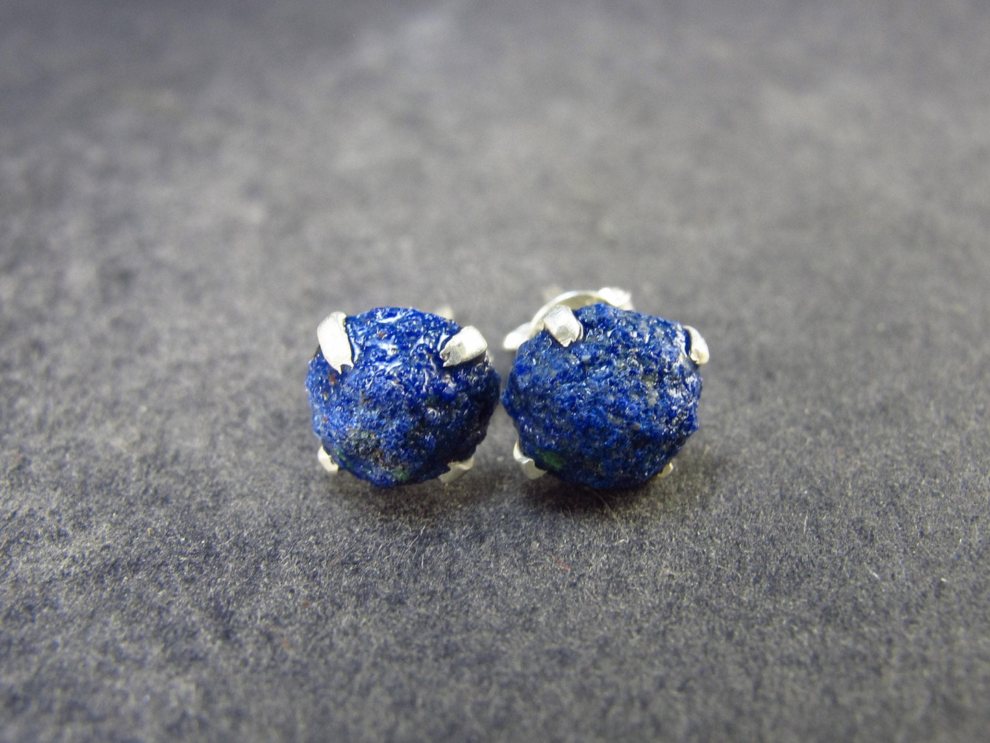 Cute Small Natural Raw Deep Blue Azurite Crystal Stud Earrings In Sterling Silver From Mexico