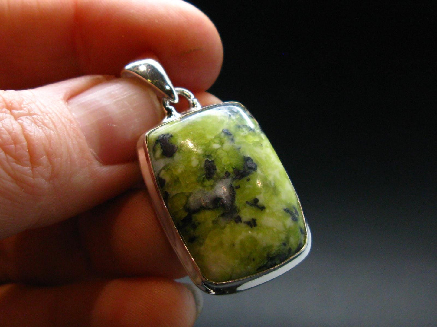 Unique Lizardite Serpentine Silver Plated Pendant from Norway - 1.5" - 6.50 Grams