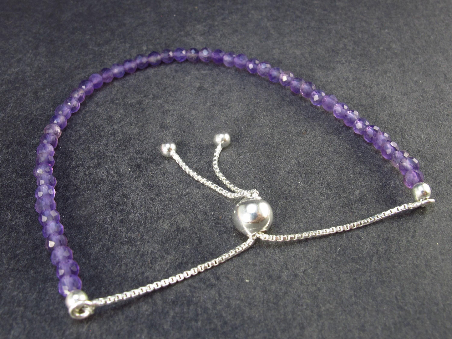 Natural Faceted Round Beads Amethyst 925 Silver Bracelet - Size Adjustable - 2.86 Grams