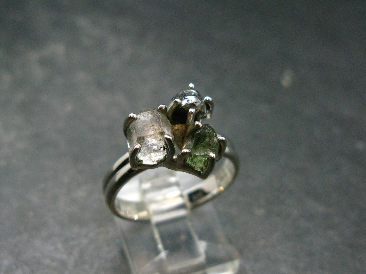 Moldavite Herkimer Meteorite Sterling Silver Ring From Czech Republic - Size 8 - 4.33 Grams