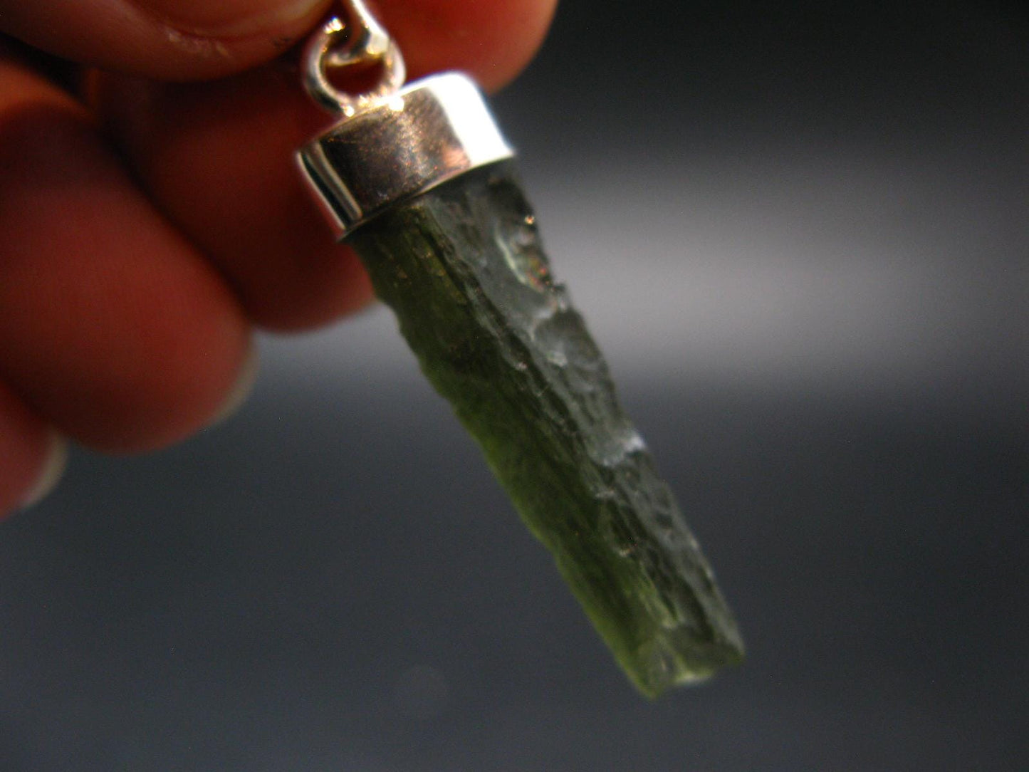 Gem Moldavite Tektite SS Pendant From Czech Republic - 1.5" - 2.5 Grams