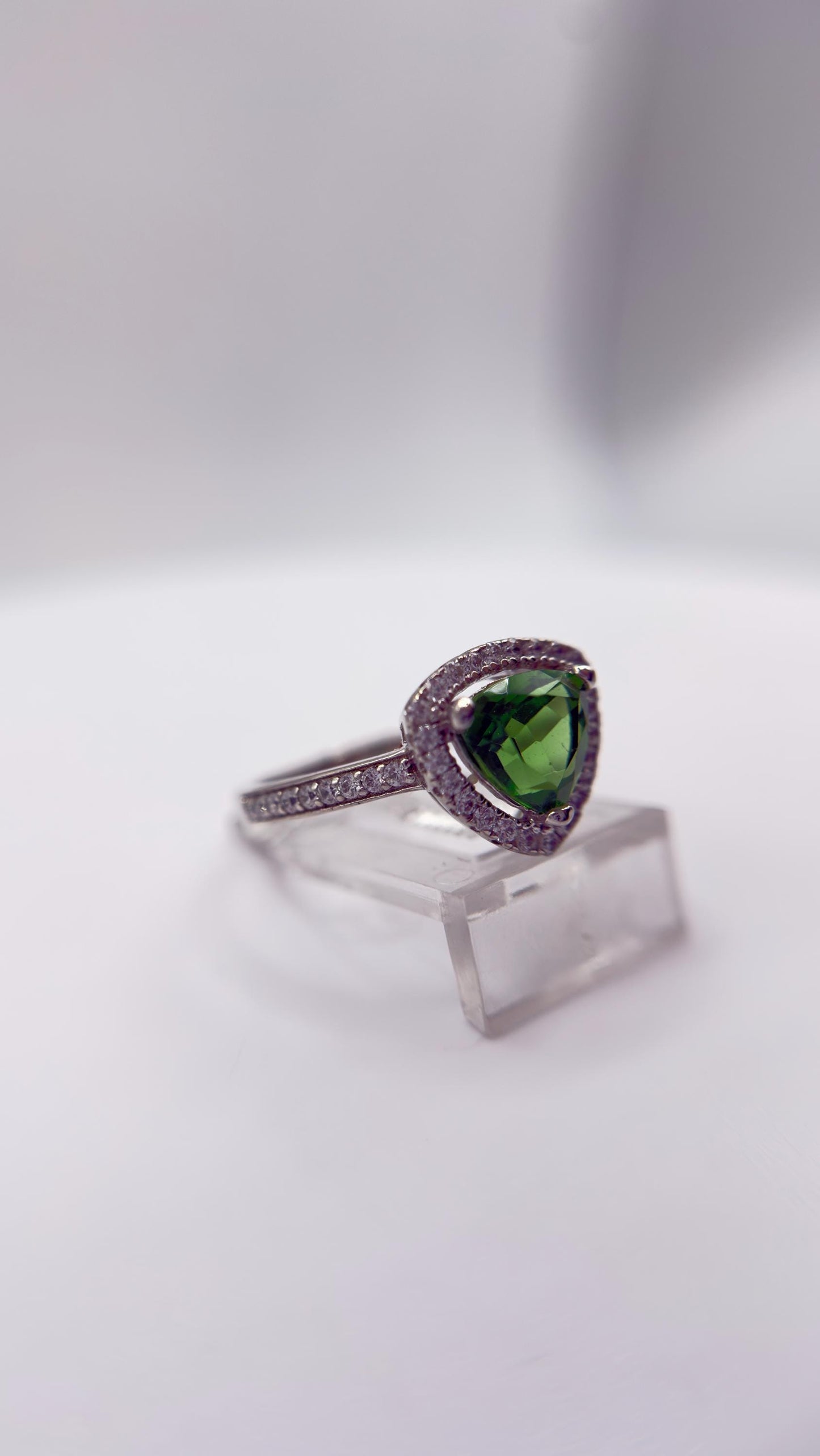 Green Helenite Trillion Halo Ring – Sterling Silver Gemstone Statement Ring