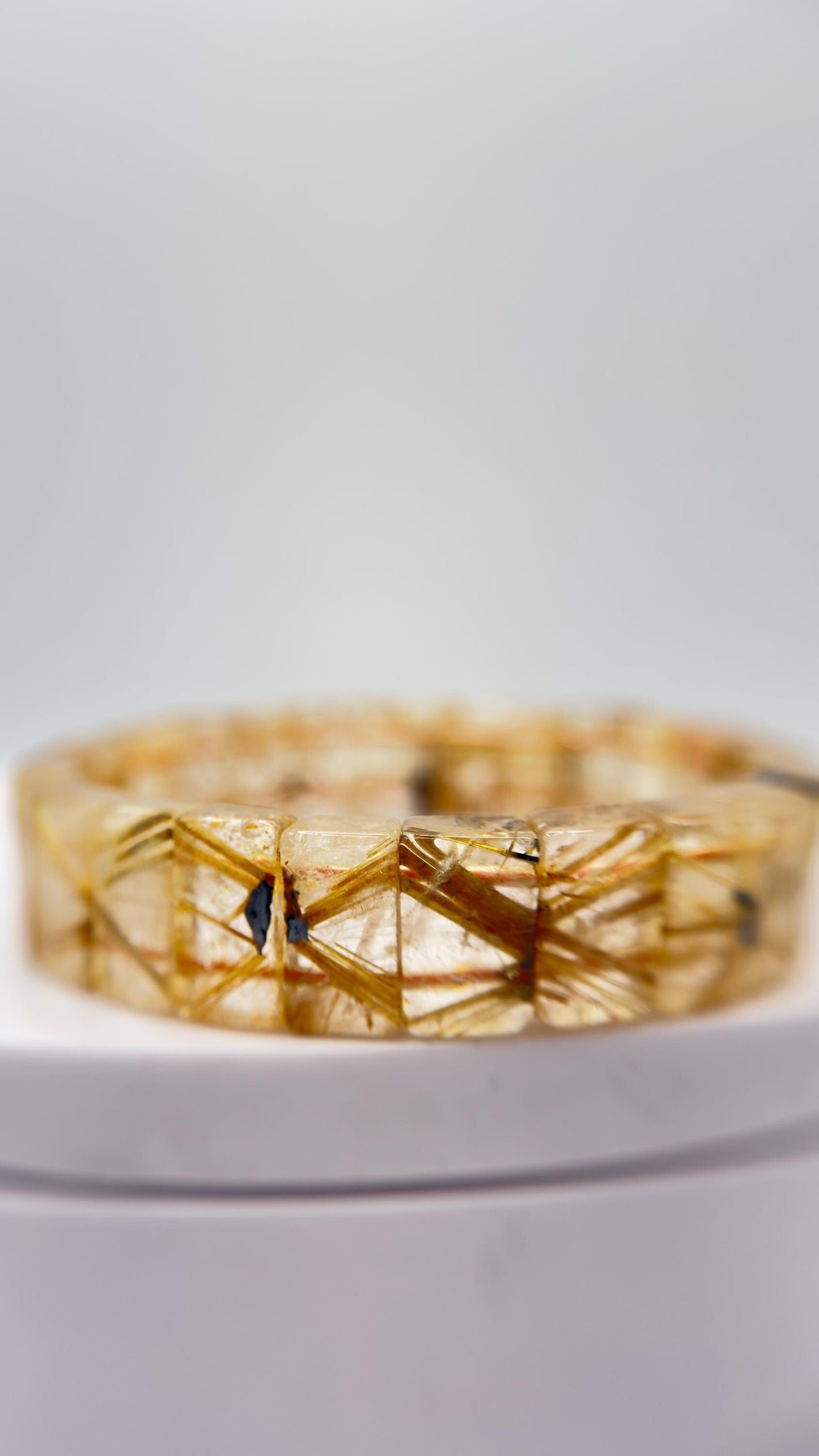 Golden Rutilated Quartz Tile Bracelet – Natural Gemstone Stretch Jewelry