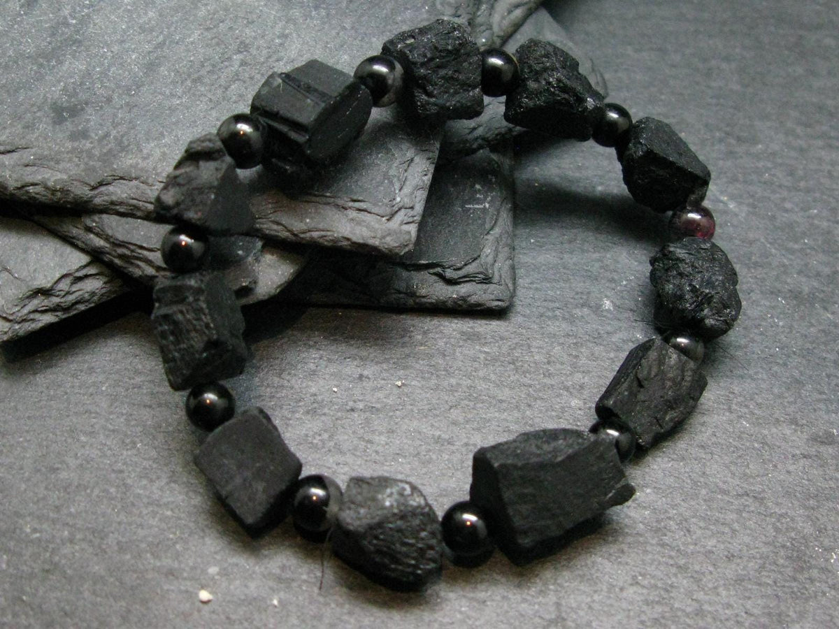 Black Tourmaline Genuine Bracelet ~ 7 Inches ~ 14mm Crystal Beads