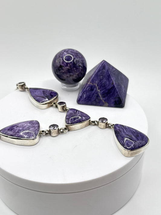 Charoite & Amethyst Drop Necklace – Sterling Silver - 52.57 Grams