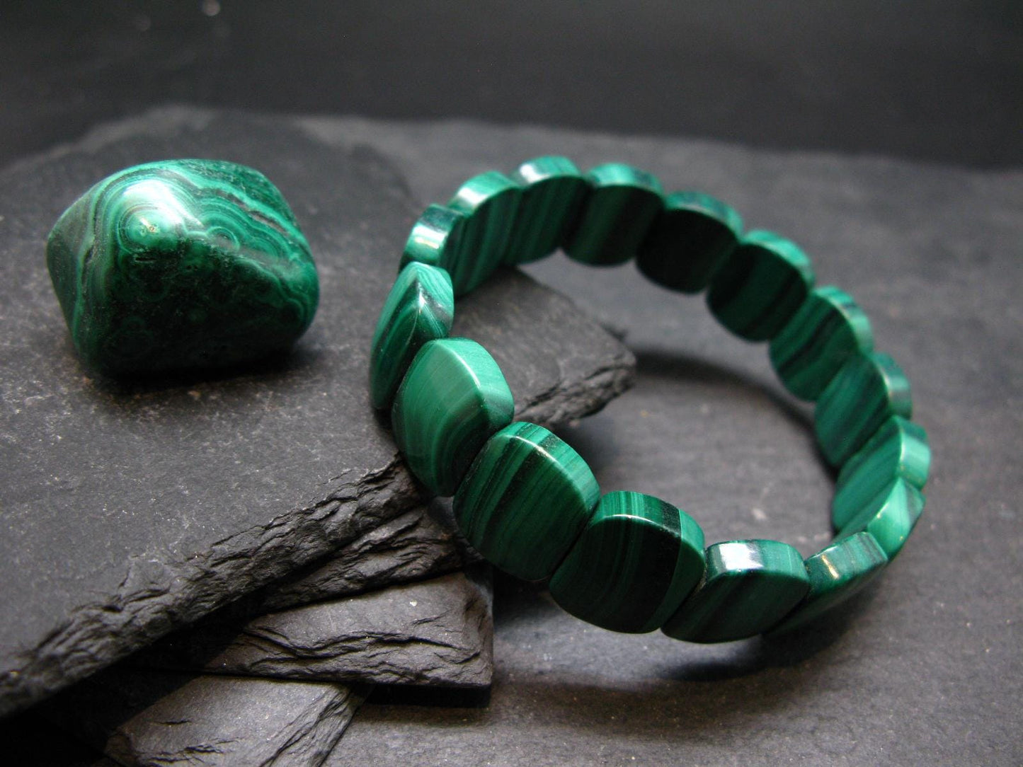 Malachite Genuine Bracelet ~ 7 Inches ~ 16mm Oval Beads