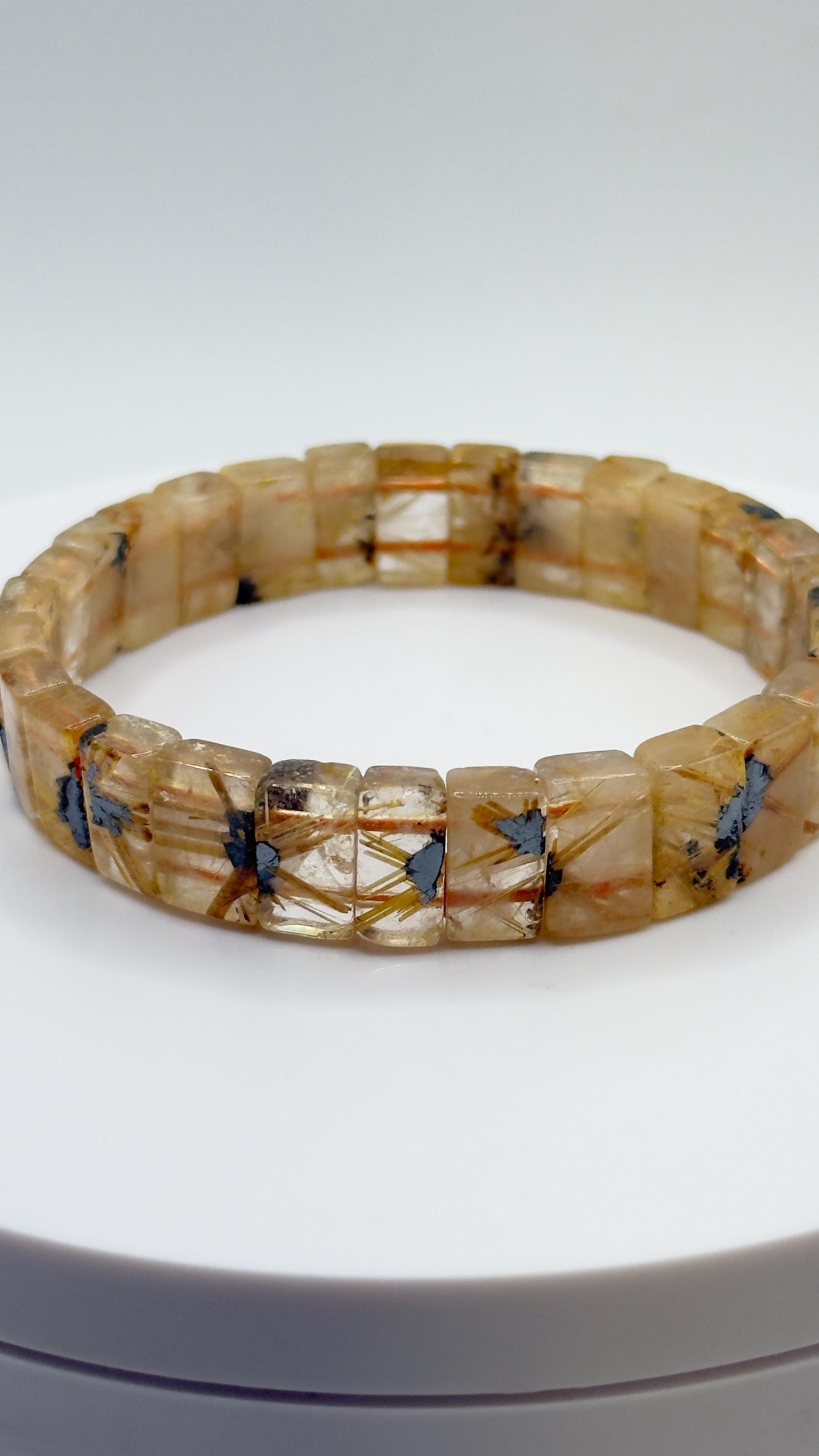 Rutilated Quartz Tile Bracelet – Natural Golden Inclusion Stretch Jewelry