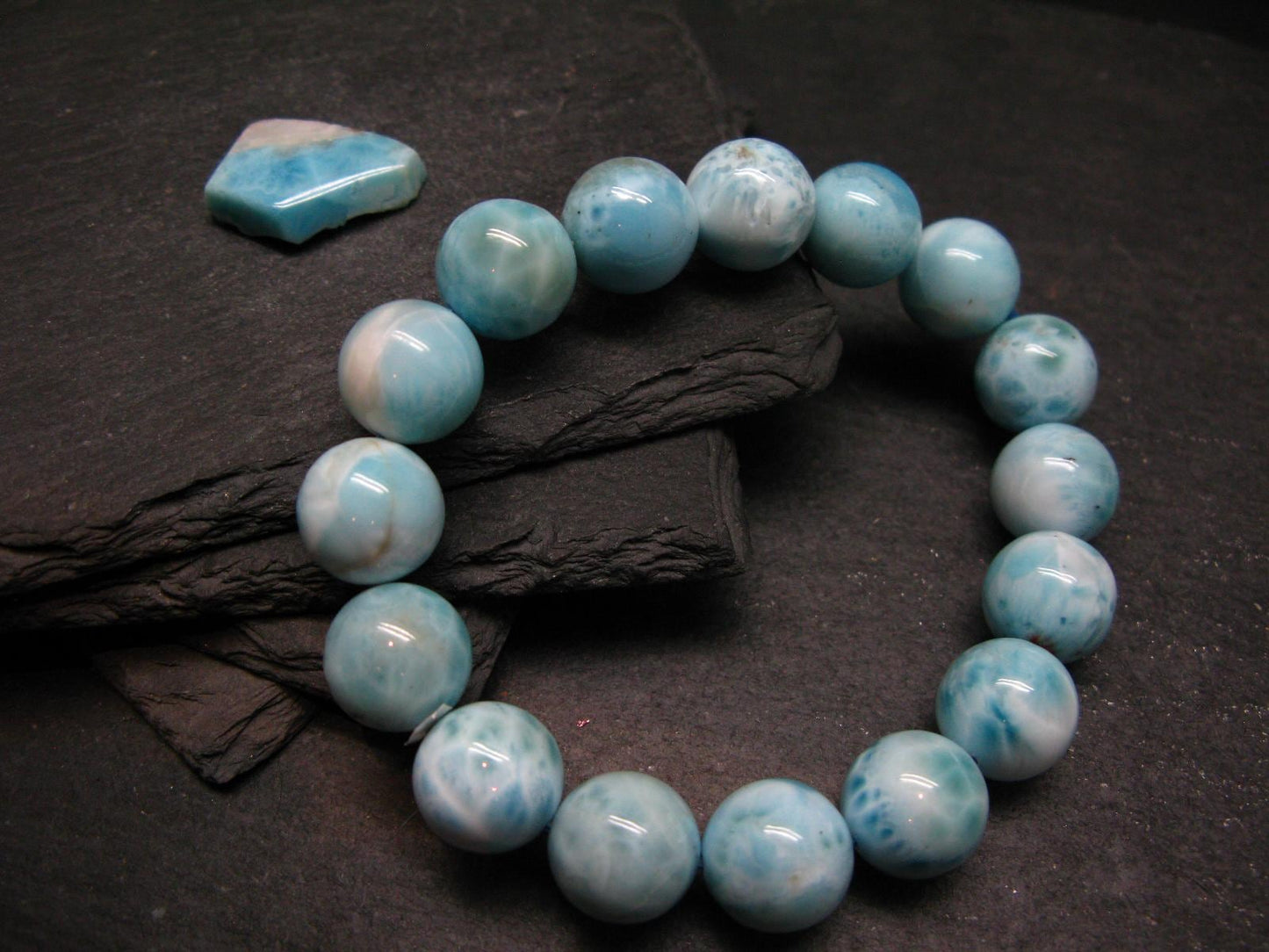 Larimar Genuine Bracelet ~ 7.5 Inches ~ 13mm Round Beads