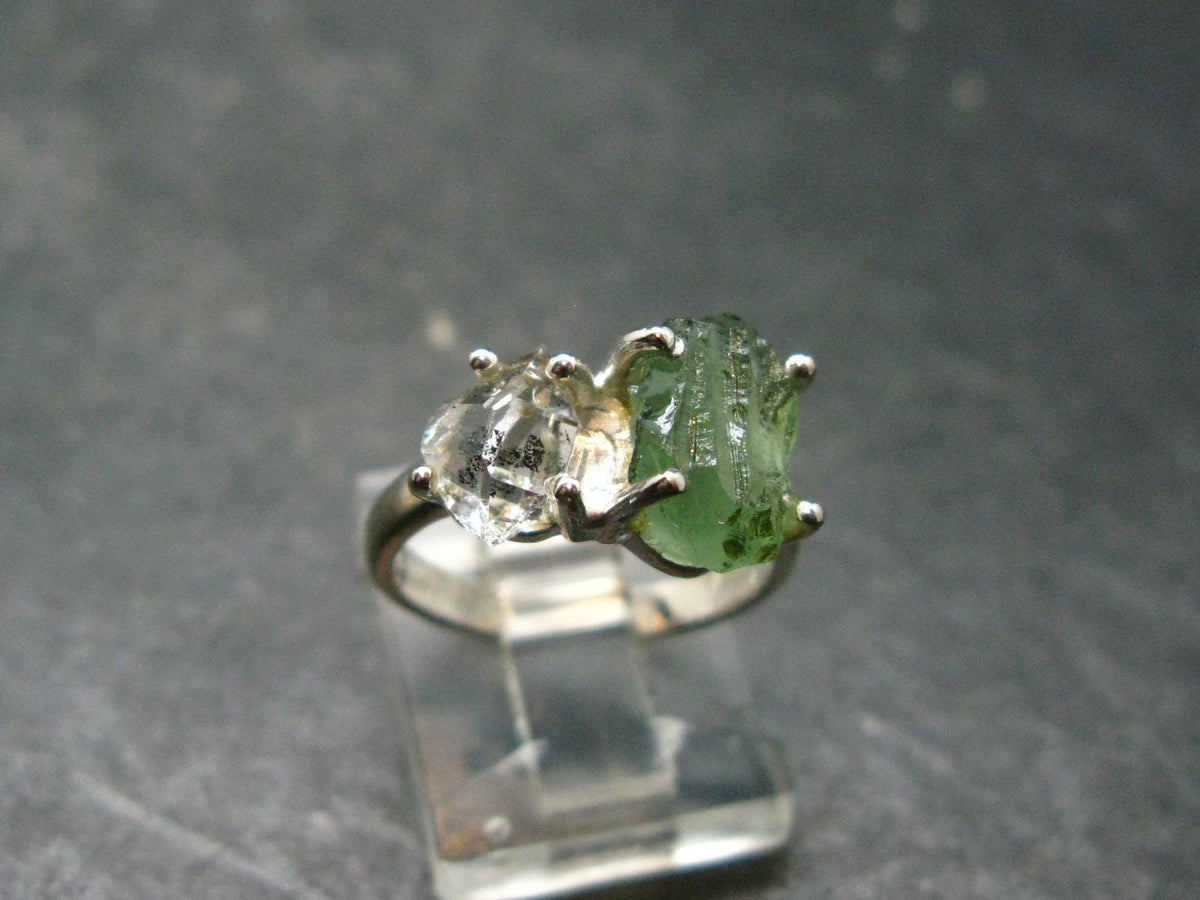Moldavite Tektite and Herkimer Diamond Silver Ring - Size 5 - 2.84 Grams