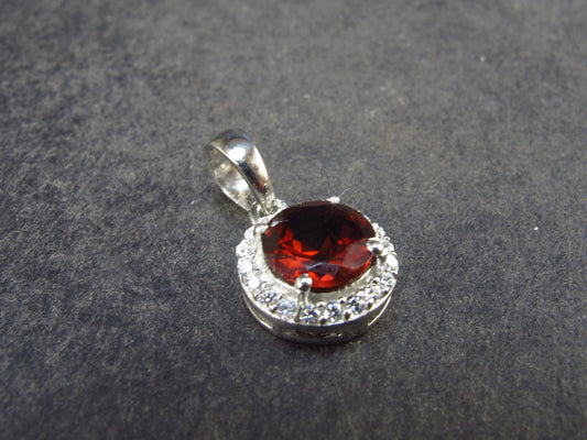 Genuine Red Garnet Almandine Gem with CZ Sterling Silver Pendant From India - 0.7" - 1.39 Grams