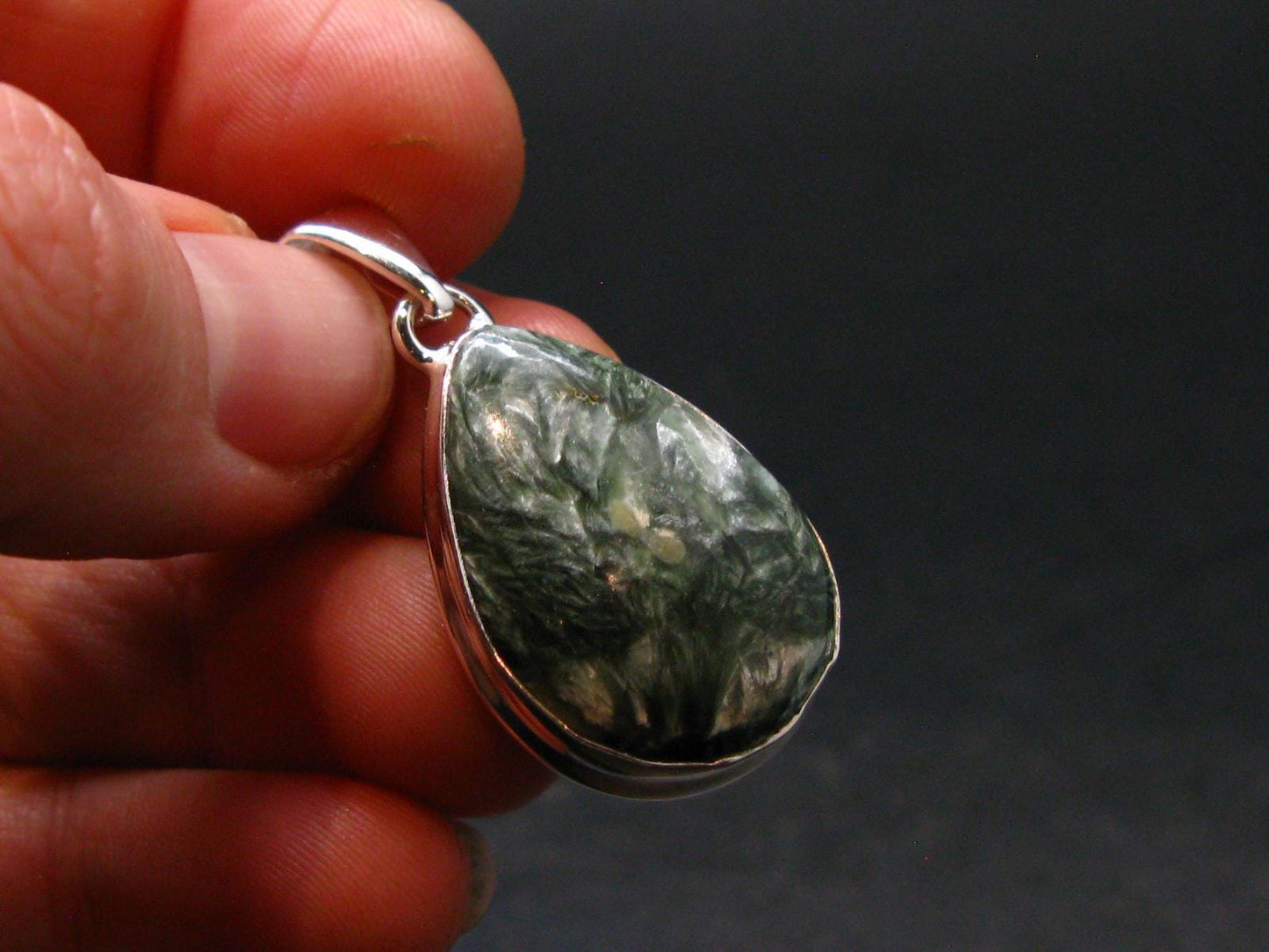 Nice Polished Seraphinite Clinochlore Stalactite Silver Plated Pendant From Russia - 1.3" - 5.05 Grams