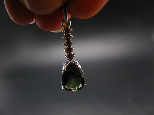 Moldavite Tektite & Red Garnet Silver Pendant from Czech Republic - 1.2"