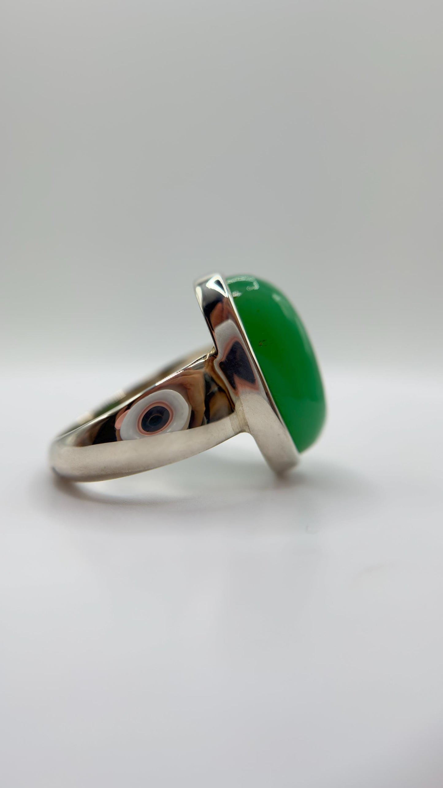Chrysoprase Oval Ring – Natural Green Chalcedony Sterling Silver Statement Jewelry - Size 8.5