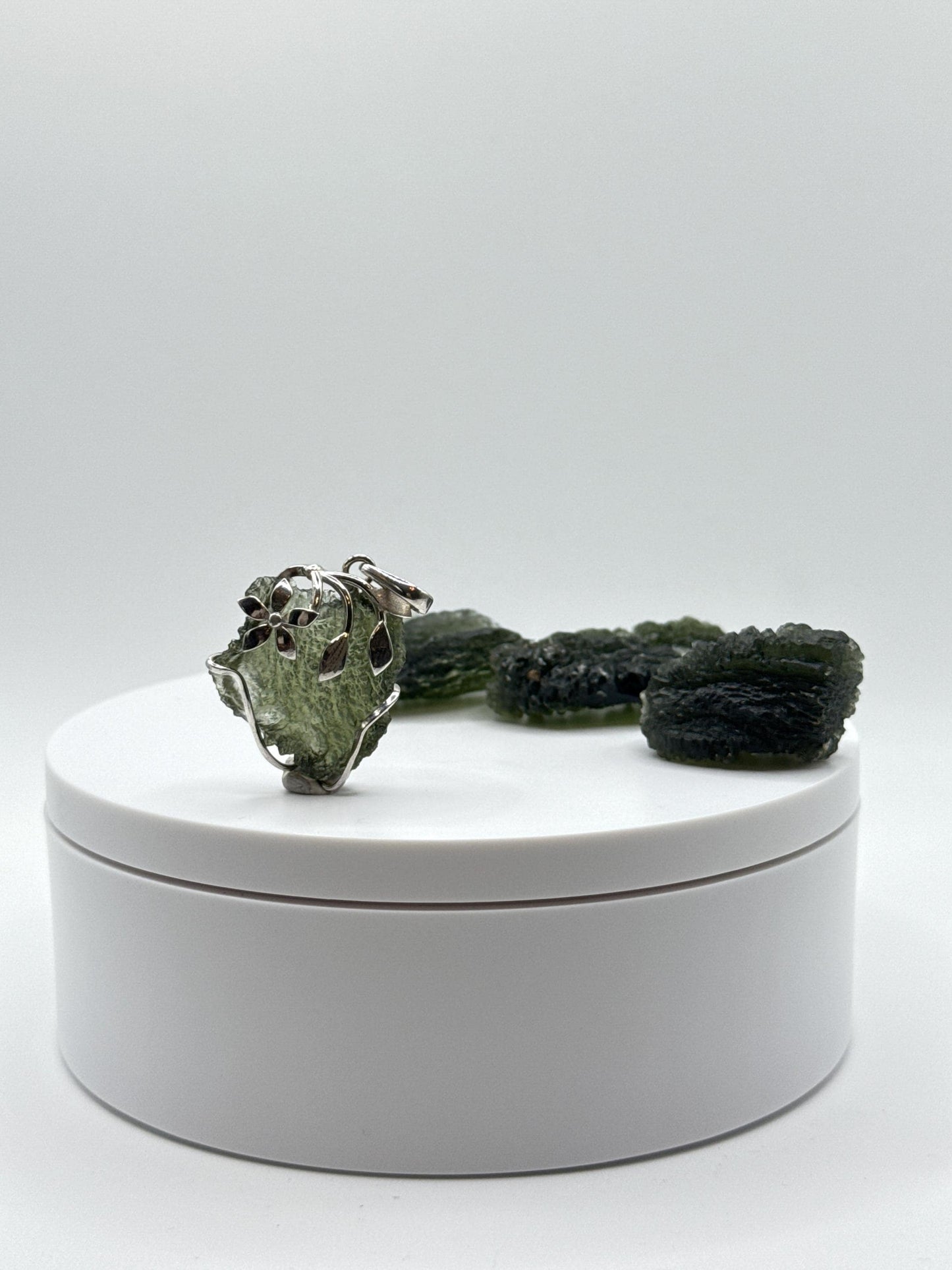 Moldavite Chunk Pendant with Silver Leaf & Flower Accents - Unique Natural Gemstone Pendant - 6.48 Grams