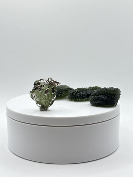Moldavite Chunk Pendant with Silver Leaf & Flower Accents - Unique Natural Gemstone Pendant - 6.48 Grams