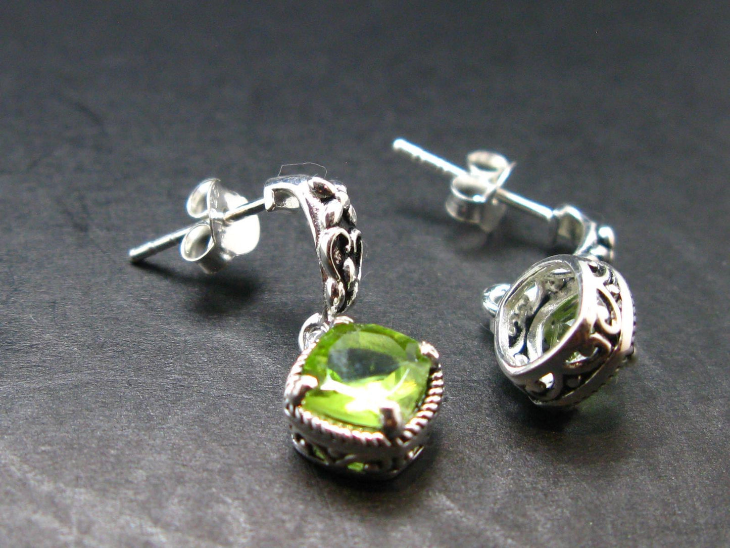Peridot Olivine Crystal Sterling Silver Earrings From Pakistan - 0.7" - 2.68 Grams