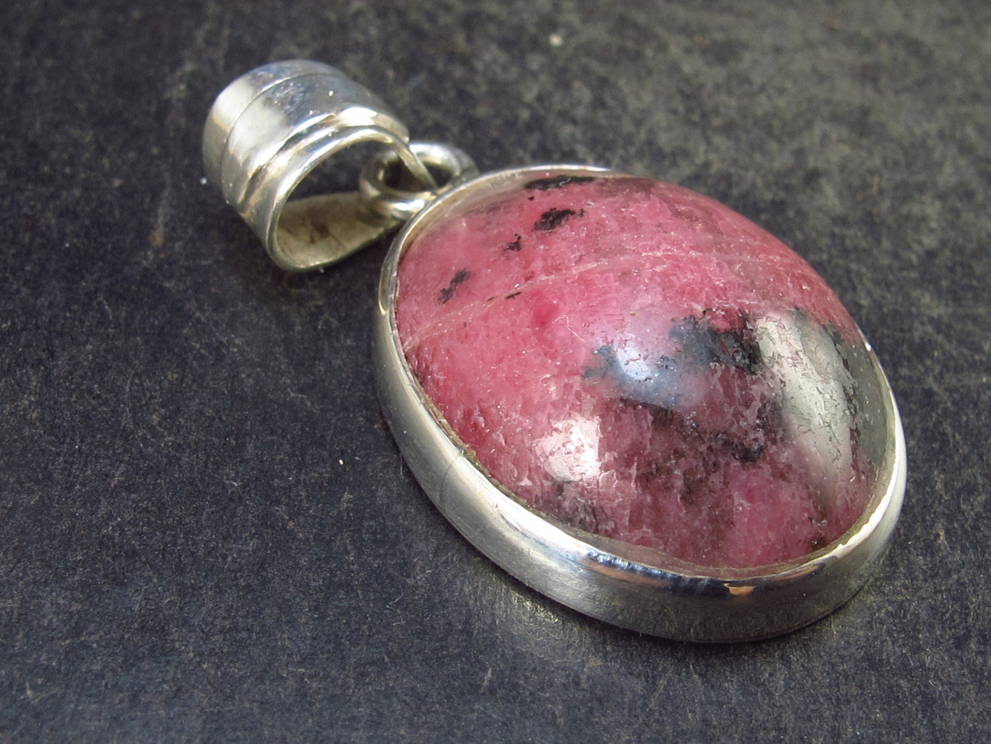 Rare Rhodonite Cabochon Silver Pendant From Brazil - 1.2" - 5.2 Grams