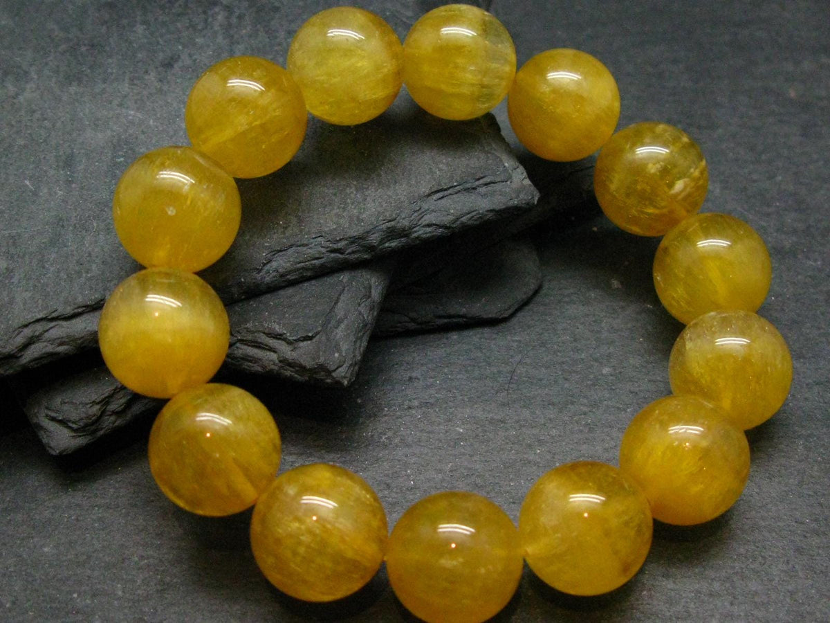 Yellow Fluorite Genuine Bracelet ~ 7.5 Inches ~ 17mm Round Beads