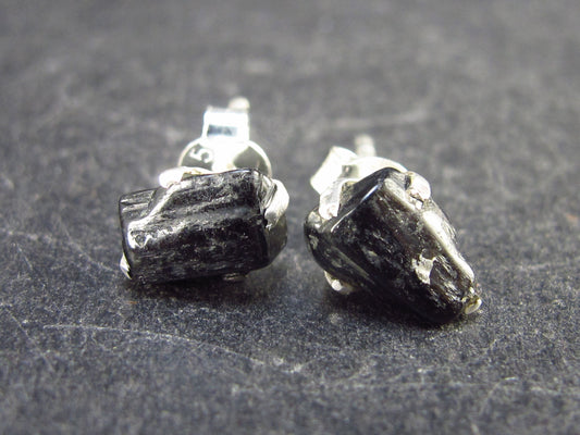 Natural Black Tourmaline Schorl Crystal Stud Earrings In Sterling Silver From Brazil - 0.6"